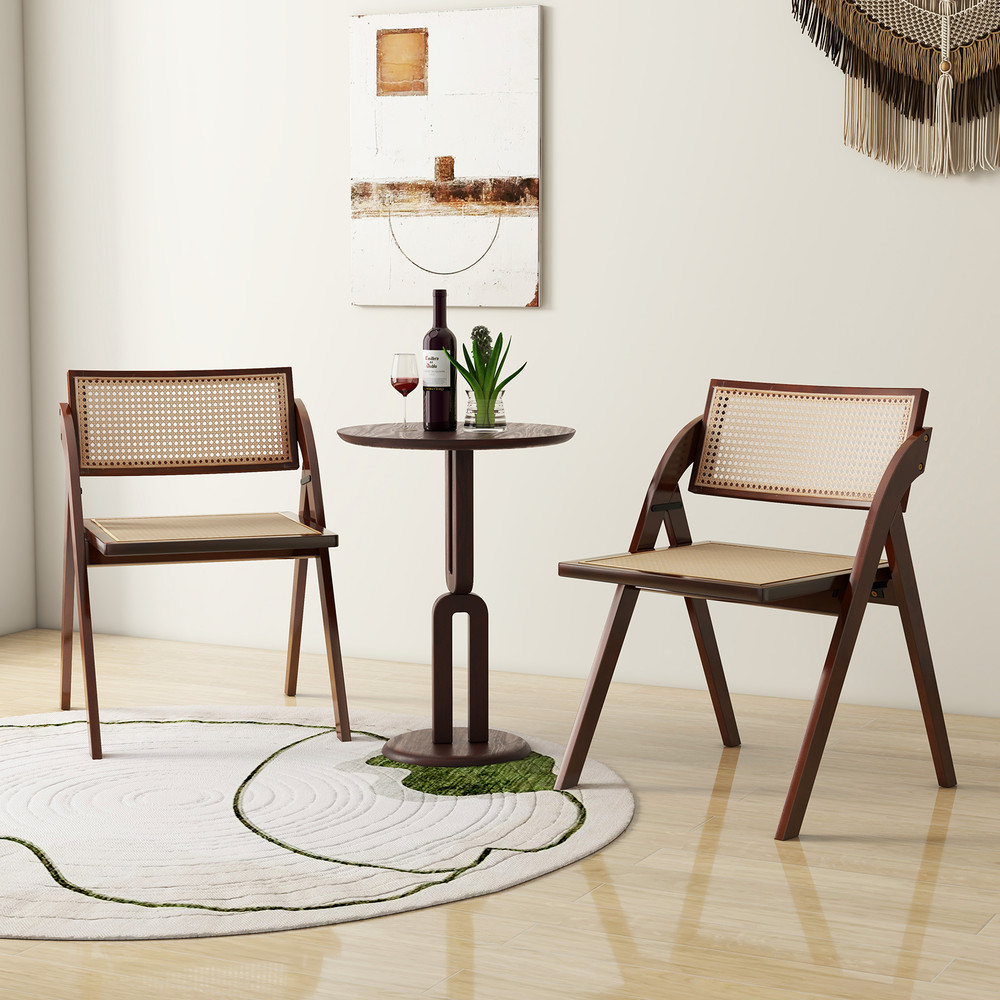 Foldable Dining Chairs Set of 2 with Woven Rattan Backrest, Sturdy & Space-Saving Brown Chairs