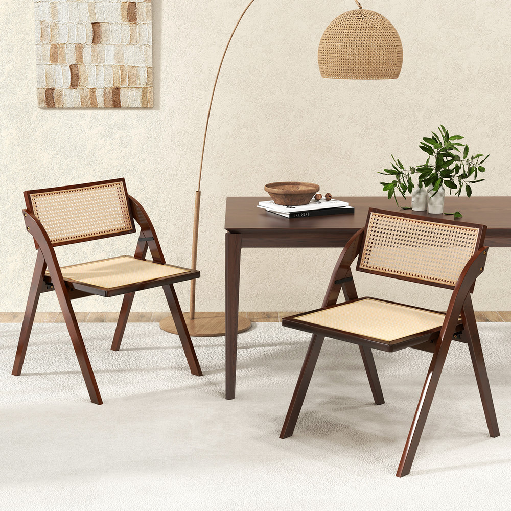 Foldable Dining Chairs Set of 2 with Woven Rattan Backrest, Sturdy & Space-Saving Brown Chairs