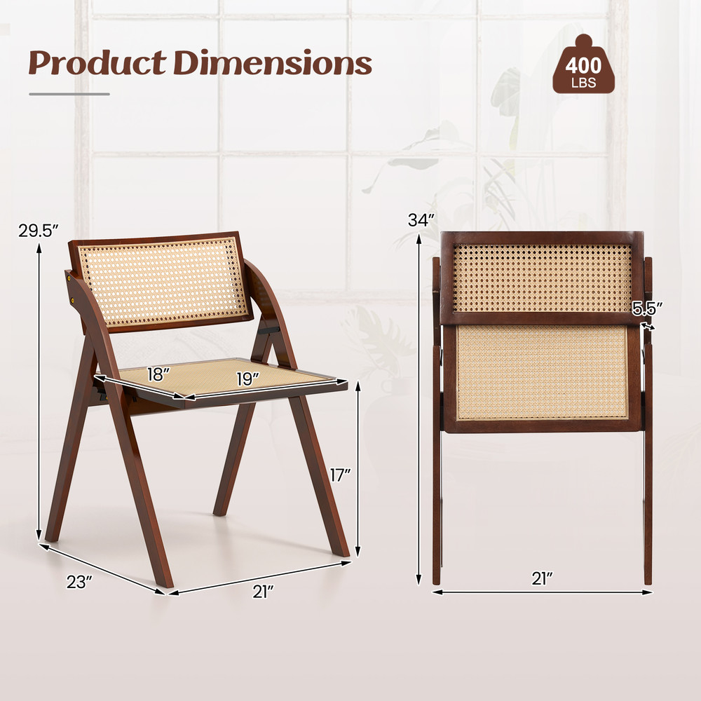Foldable Dining Chairs Set of 2 with Woven Rattan Backrest, Sturdy & Space-Saving Brown Chairs