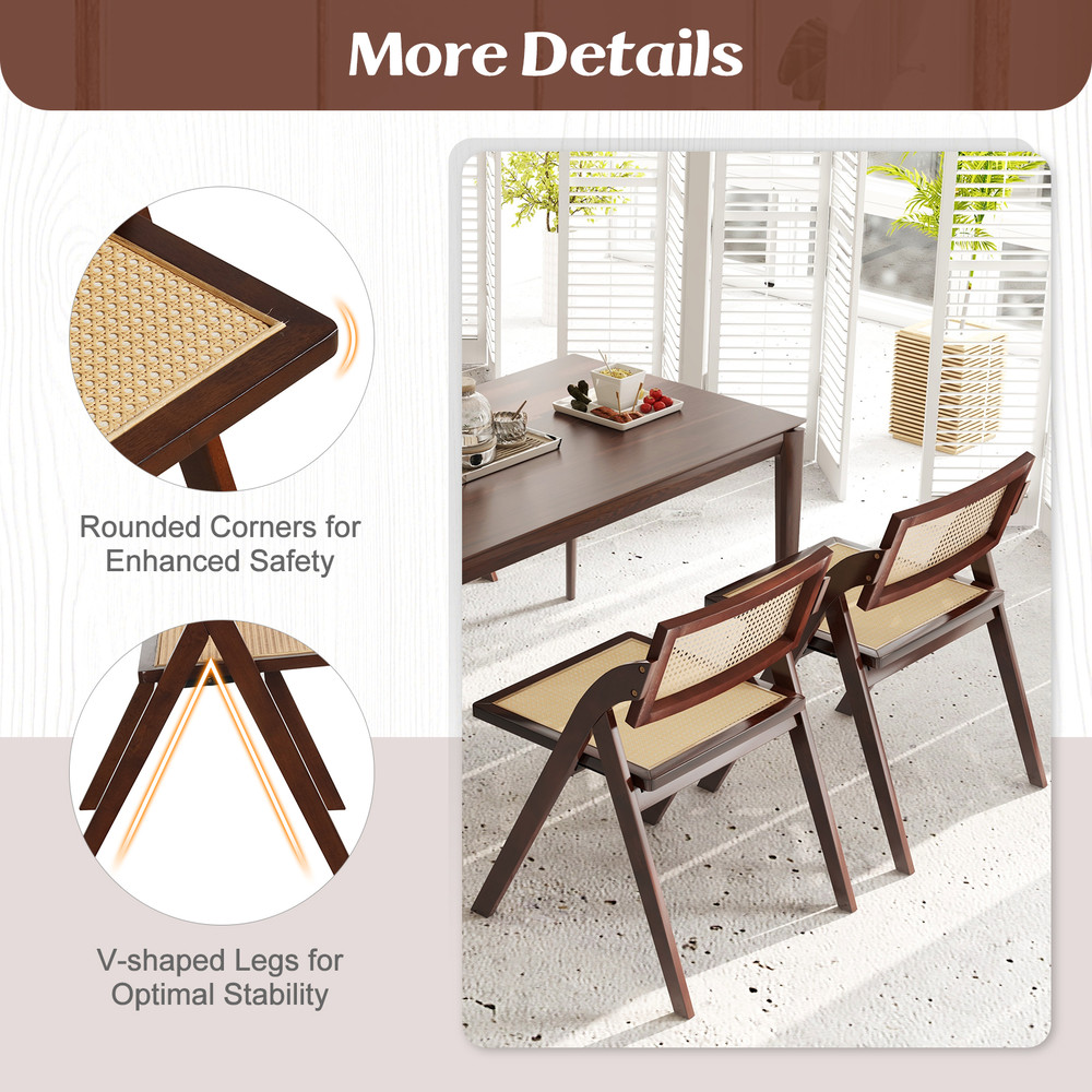 Foldable Dining Chairs Set of 2 with Woven Rattan Backrest, Sturdy & Space-Saving Brown Chairs