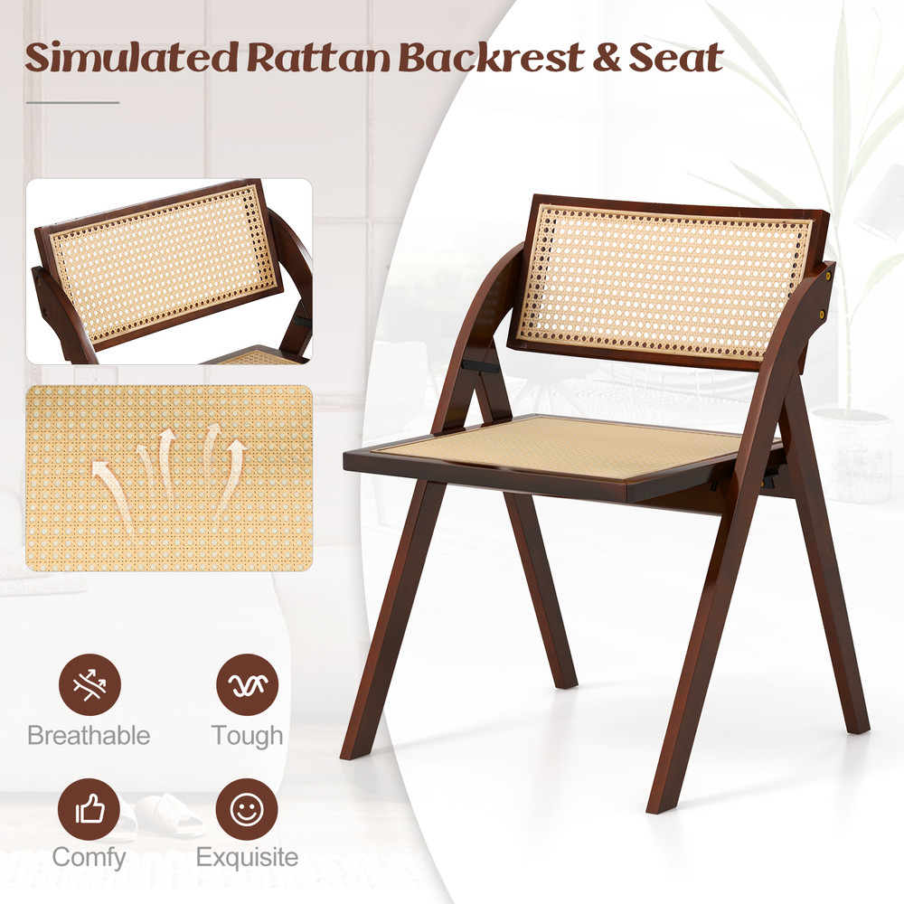 Foldable Dining Chairs Set of 2 with Woven Rattan Backrest, Sturdy & Space-Saving Brown Chairs