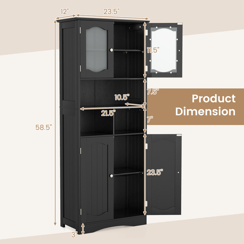 58.5 Inch Freestanding Linen Bathroom Storage Cabinet with Frost Glass Doors, Stylish & Spacious