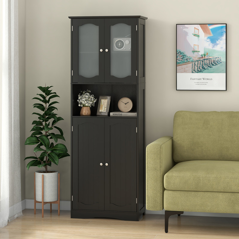 Modern Tall Bathroom Storage Cabinet With Frosted Glass Doors Open Shelf  Adjustable Shelves SpaceS 1