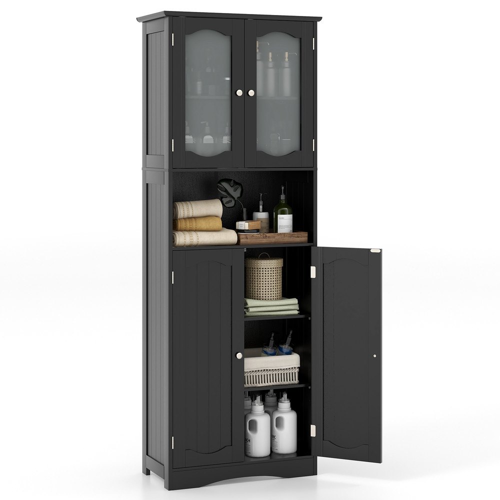 Modern Tall Bathroom Storage Cabinet With Frosted Glass Doors Open Shelf  Adjustable Shelves SpaceS 6