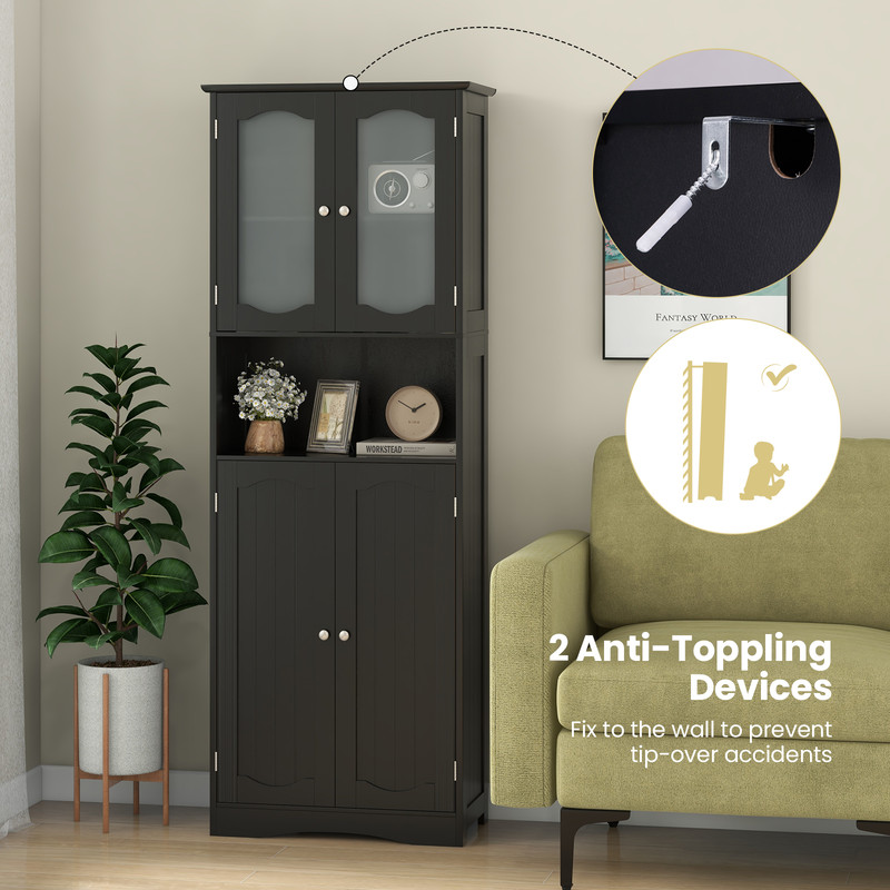 Modern Tall Bathroom Storage Cabinet With Frosted Glass Doors Open Shelf  Adjustable Shelves SpaceS 3