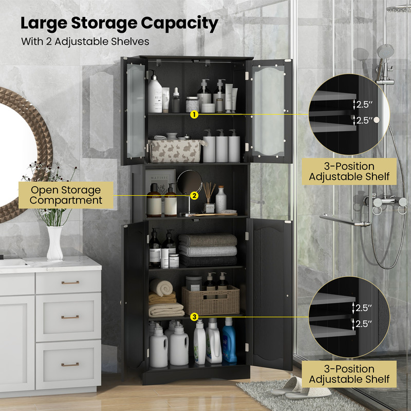 Modern Tall Bathroom Storage Cabinet With Frosted Glass Doors Open Shelf  Adjustable Shelves SpaceS 5