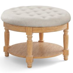 tufted upholstered ottoman coffee table, large round footrest with flip-top storage & wood frame for living room