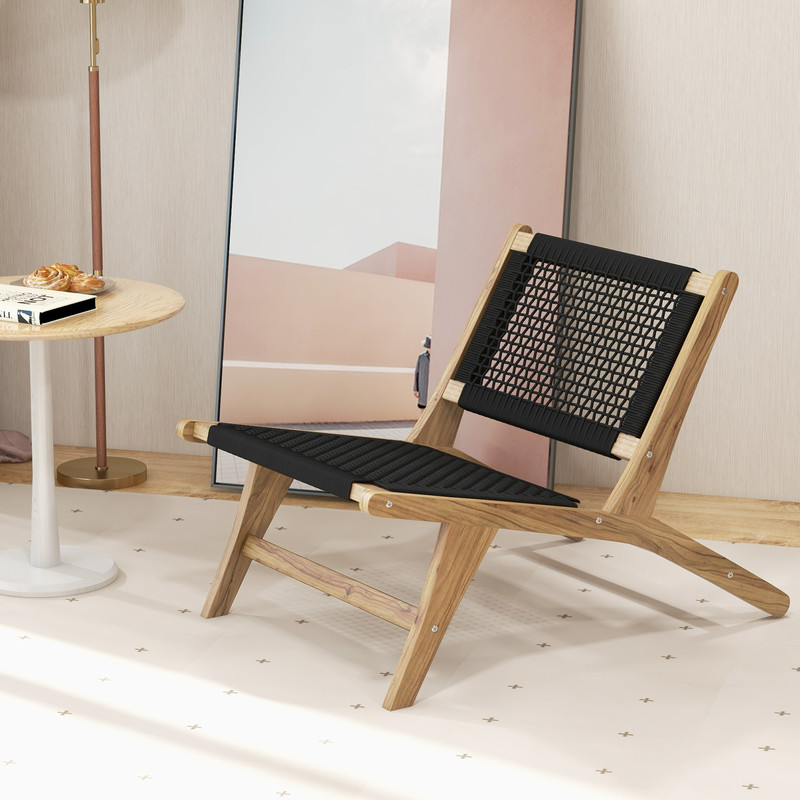 Teak Wooden Indoor Outdoor Chair With Handwoven Cordage Seat And Back MidCentury Style Accent Chair 1
