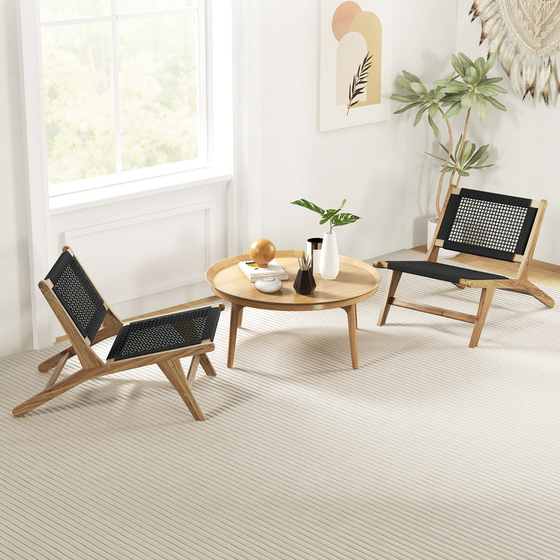 Teak Wooden Indoor Outdoor Chair With Handwoven Cordage Seat And Back MidCentury Style Accent Chair 2