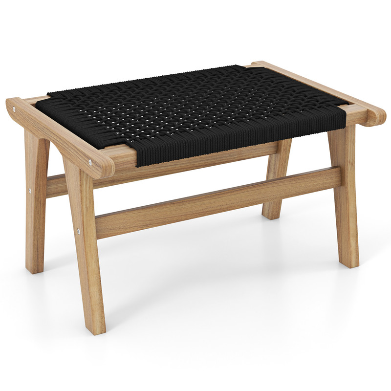 Teak Wooden Foot Rest With Handwoven Cordage Indoor Outdoor Ottoman Footstool For Patio Balcony Law 0