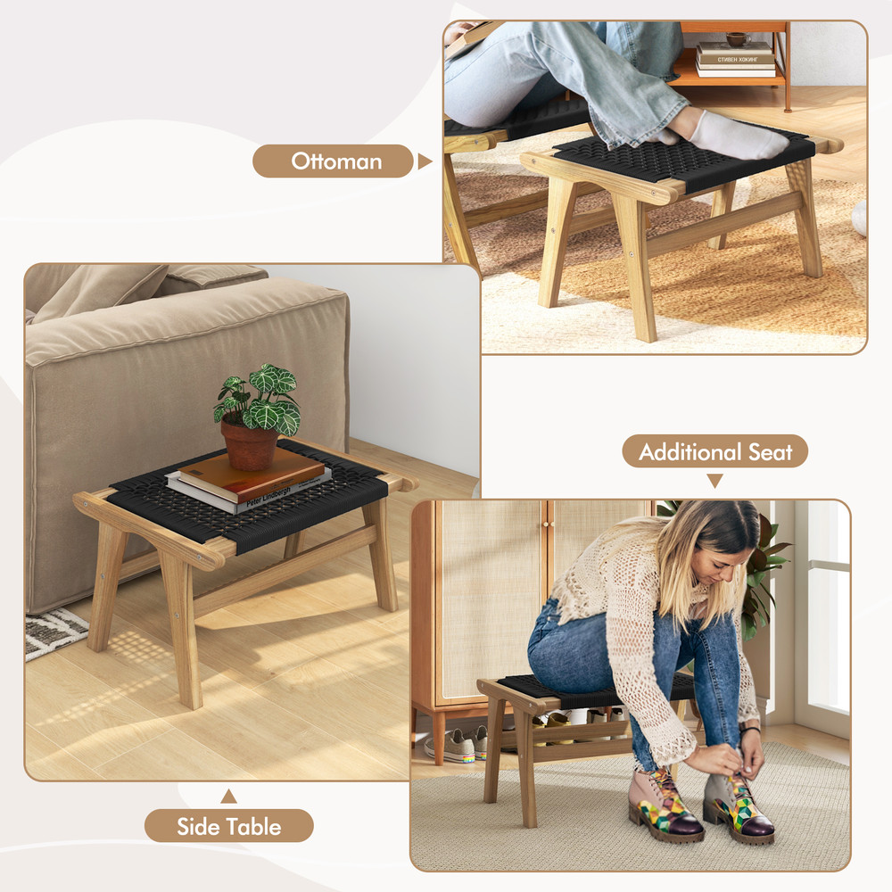 Teak Wooden Foot Rest With Handwoven Cordage Indoor Outdoor Ottoman Footstool For Patio Balcony Law 5