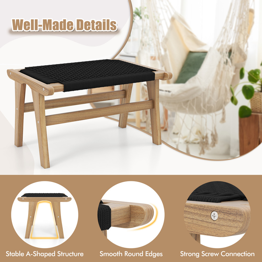 Teak Wooden Foot Rest With Handwoven Cordage Indoor Outdoor Ottoman Footstool For Patio Balcony Law 6