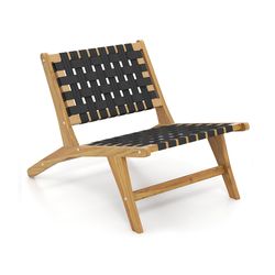 modern indoor patio teak wooden chair, ergonomic woven webbing backrest & seat, stylish accent chair for outdoor decor