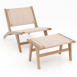 farmhouse braided rope chair with ottoman, teak wood mid century modern accent chair for indoor lounge or relaxation