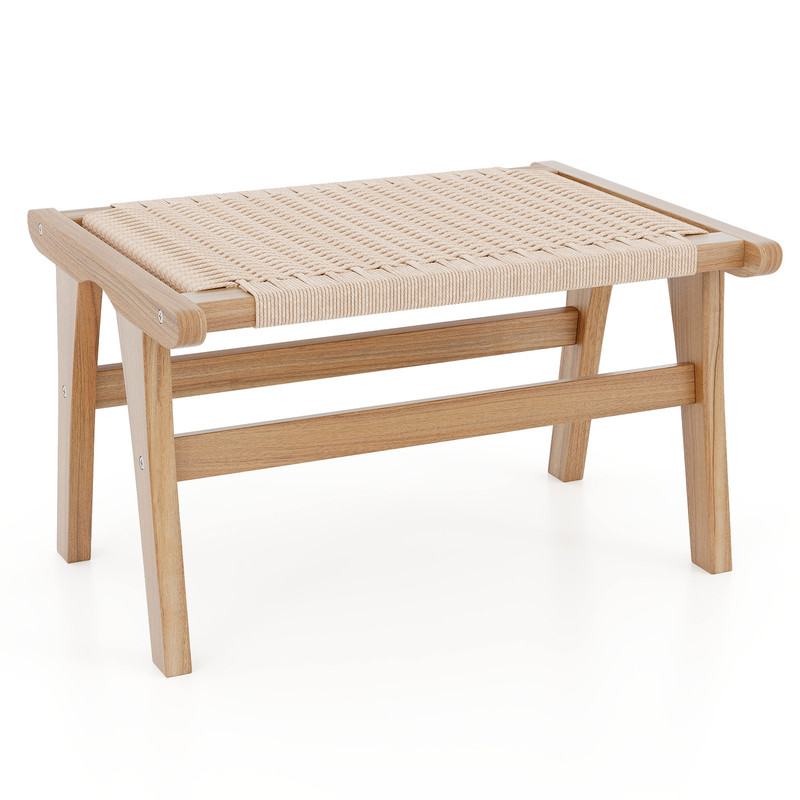 Handcrafted Teak Wood Ottoman Footstool With Braided Rope For Living Room Elegant Indoor Accent Ben 7