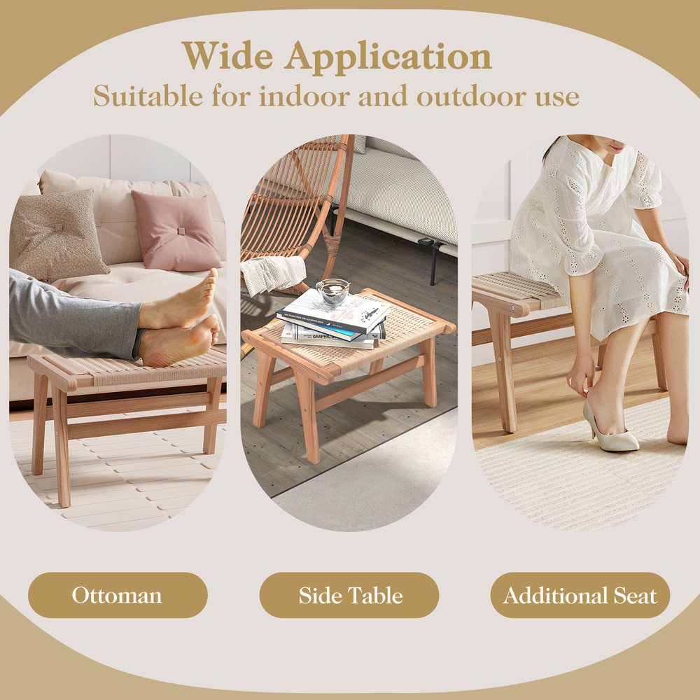 Handcrafted Teak Wood Ottoman Footstool With Braided Rope For Living Room Elegant Indoor Accent Ben 5