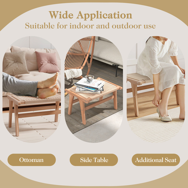 Handcrafted Teak Wood Ottoman Footstool With Braided Rope For Living Room Elegant Indoor Accent Ben 5