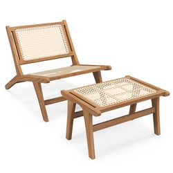 farmhouse handwoven rattan chair with ottoman, mid century modern accent chair set in durable teak wood for living room