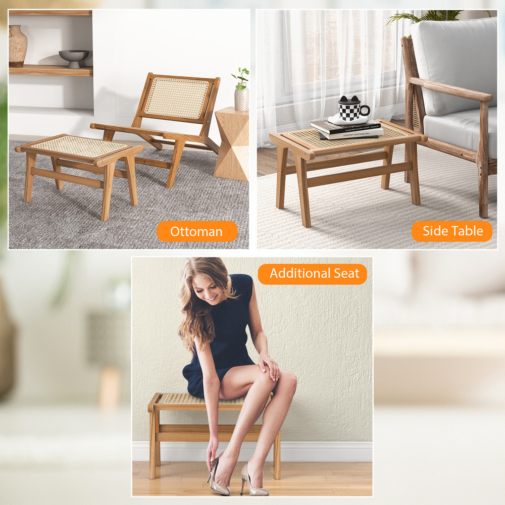 Boho Natural Teak Wooden Foot Rest With Handwoven Rattan Rustic Accent Stool For Indoor Use Lounge  3