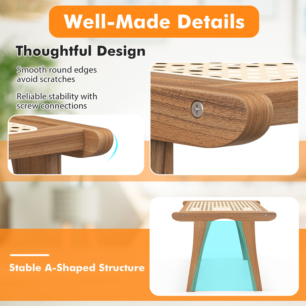 Boho Natural Teak Wooden Foot Rest With Handwoven Rattan Rustic Accent Stool For Indoor Use Lounge  6