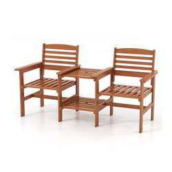 outdoor patio wood conversation set with coffee table and umbrella hole, solid wood furniture for deck, porch