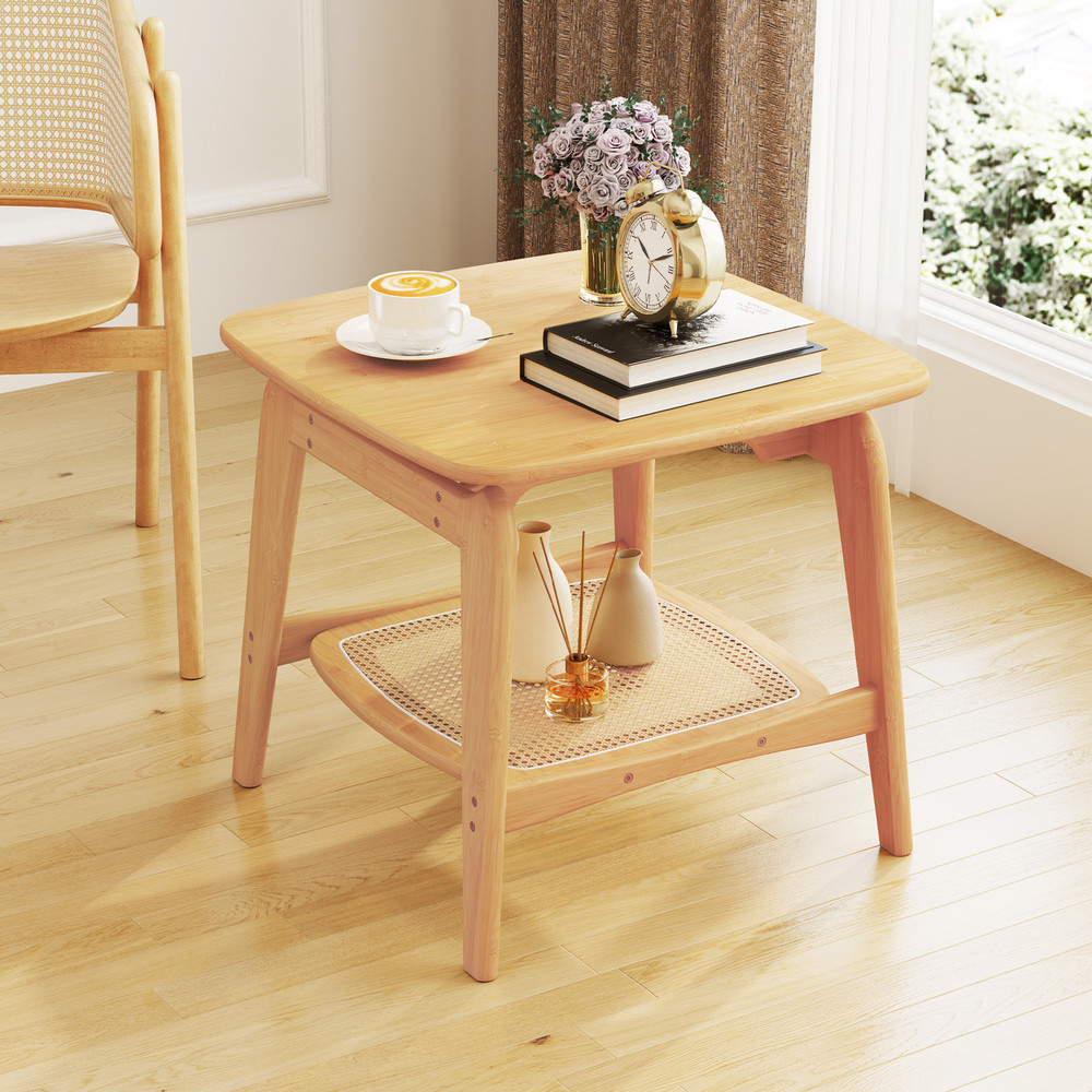 Boho Bamboo Sofa Side Table With Faux Rattan Storage Shelf Accent End Table For Living Room Bedroom 1