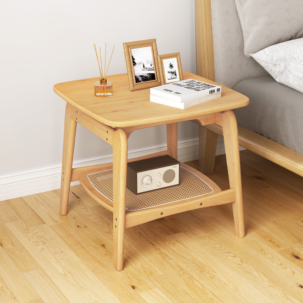 Boho Bamboo Sofa Side Table With Faux Rattan Storage Shelf Accent End Table For Living Room Bedroom 2
