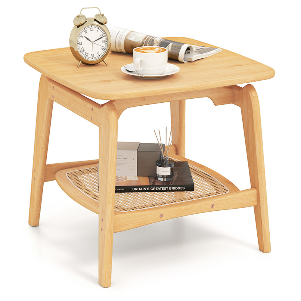Boho Bamboo Sofa Side Table With Faux Rattan Storage Shelf Accent End Table For Living Room Bedroom 7