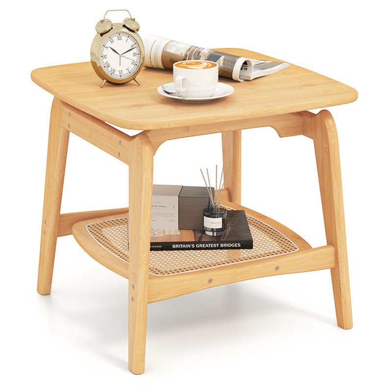 Boho Bamboo Sofa Side Table With Faux Rattan Storage Shelf Accent End Table For Living Room Bedroom 7