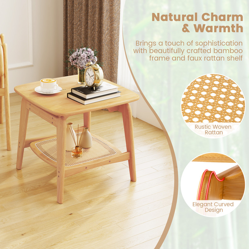 Boho Bamboo Sofa Side Table With Faux Rattan Storage Shelf Accent End Table For Living Room Bedroom 3