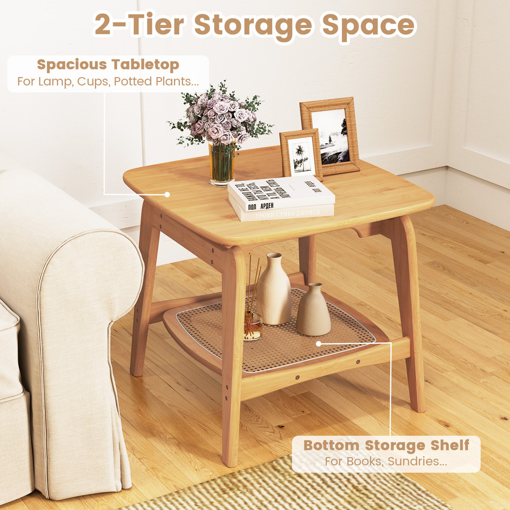 Boho Bamboo Sofa Side Table With Faux Rattan Storage Shelf Accent End Table For Living Room Bedroom 4