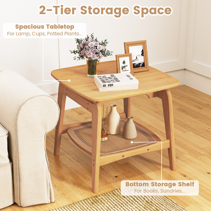 Boho Bamboo Sofa Side Table With Faux Rattan Storage Shelf Accent End Table For Living Room Bedroom 4