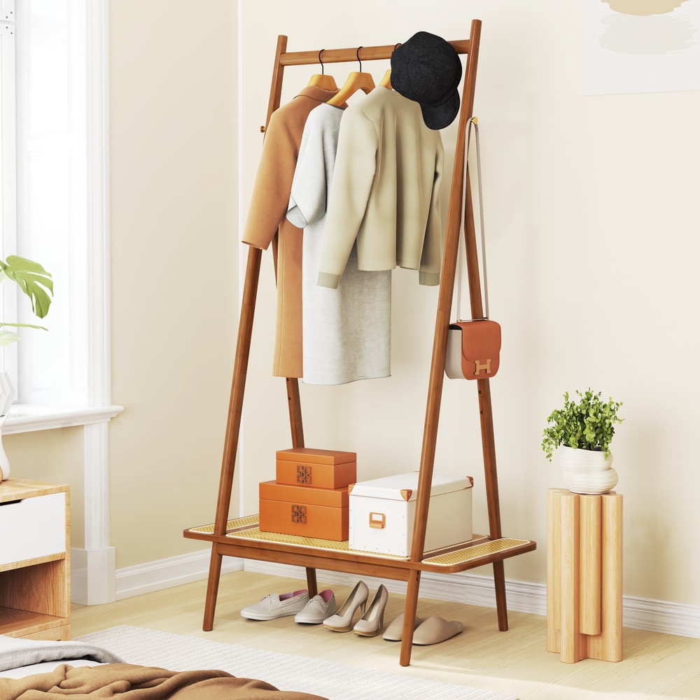 Rustic Bamboo Clothes Rack With Hanging Rod Rattan Storage Shelf Copper Hooks Freestanding Garment 1