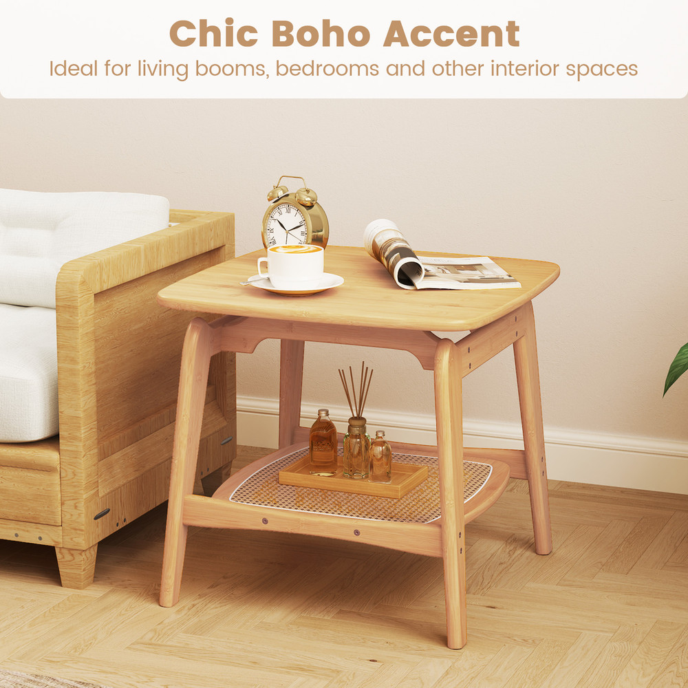 Boho Bamboo Sofa Side Table With Faux Rattan Storage Shelf Accent End Table For Living Room Bedroom 5