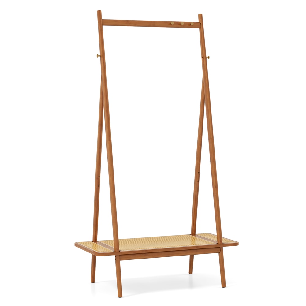 Rustic Bamboo Clothes Rack With Hanging Rod Rattan Storage Shelf Copper Hooks Freestanding Garment 0
