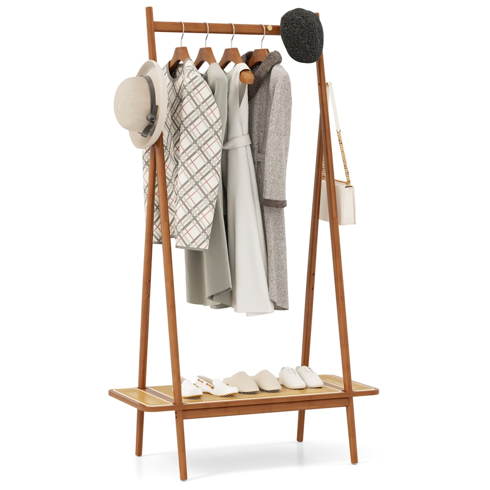 Rustic Bamboo Clothes Rack With Hanging Rod Rattan Storage Shelf Copper Hooks Freestanding Garment 7