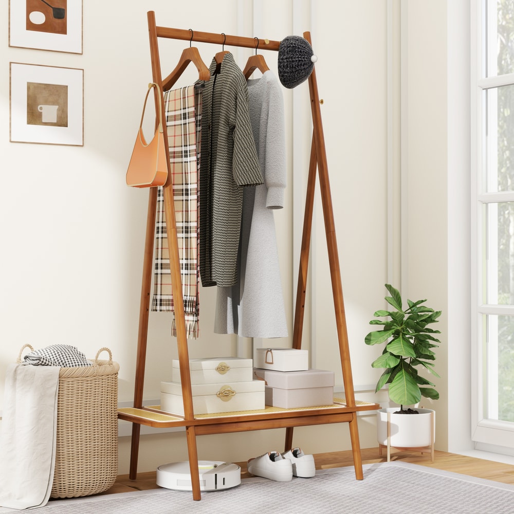 Rustic Bamboo Clothes Rack With Hanging Rod Rattan Storage Shelf Copper Hooks Freestanding Garment 3