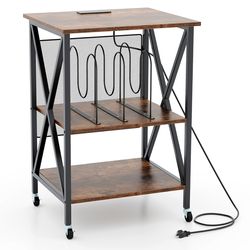 modern mid-century record player stand with usb charging station, vinyl organizer cabinet & power outlets