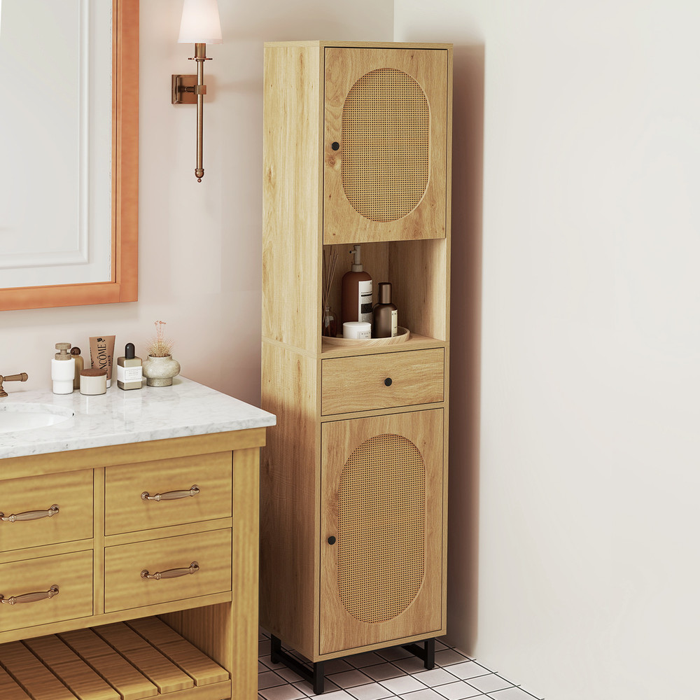 Tall Bathroom Cabinet With PE Rattan Doors Floor Standing Linen Tower With Drawer Open Storage For 1