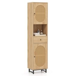 tall bathroom cabinet with pe rattan doors, floor standing linen tower with drawer & open storage for small spaces