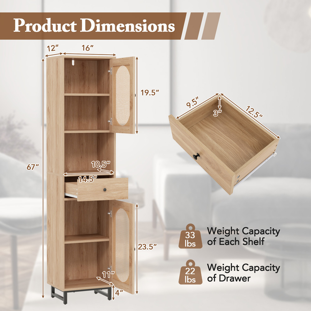 Tall Bathroom Cabinet With PE Rattan Doors Floor Standing Linen Tower With Drawer Open Storage For 7