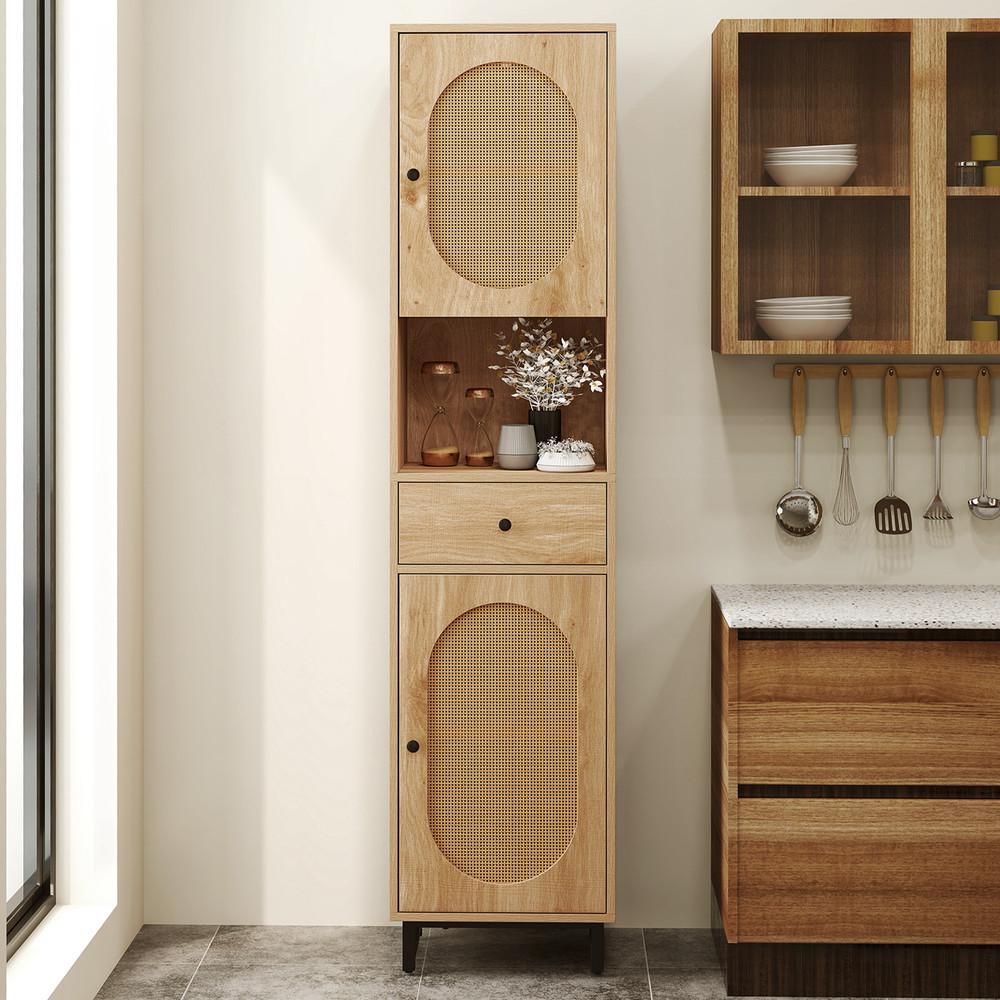 Tall Bathroom Cabinet With PE Rattan Doors Floor Standing Linen Tower With Drawer Open Storage For 3