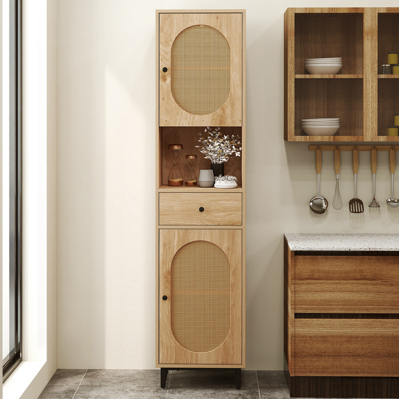 Tall Bathroom Cabinet With PE Rattan Doors Floor Standing Linen Tower With Drawer Open Storage For 3