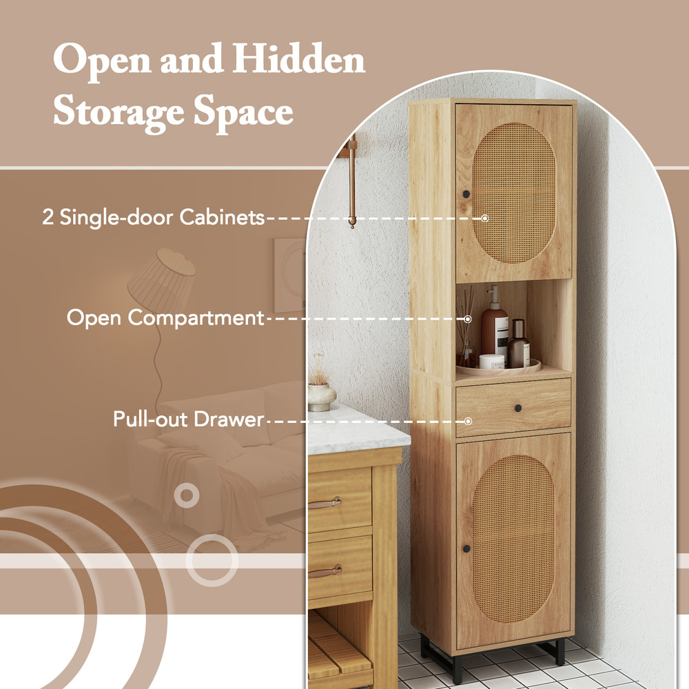 Tall Bathroom Cabinet With PE Rattan Doors Floor Standing Linen Tower With Drawer Open Storage For 4