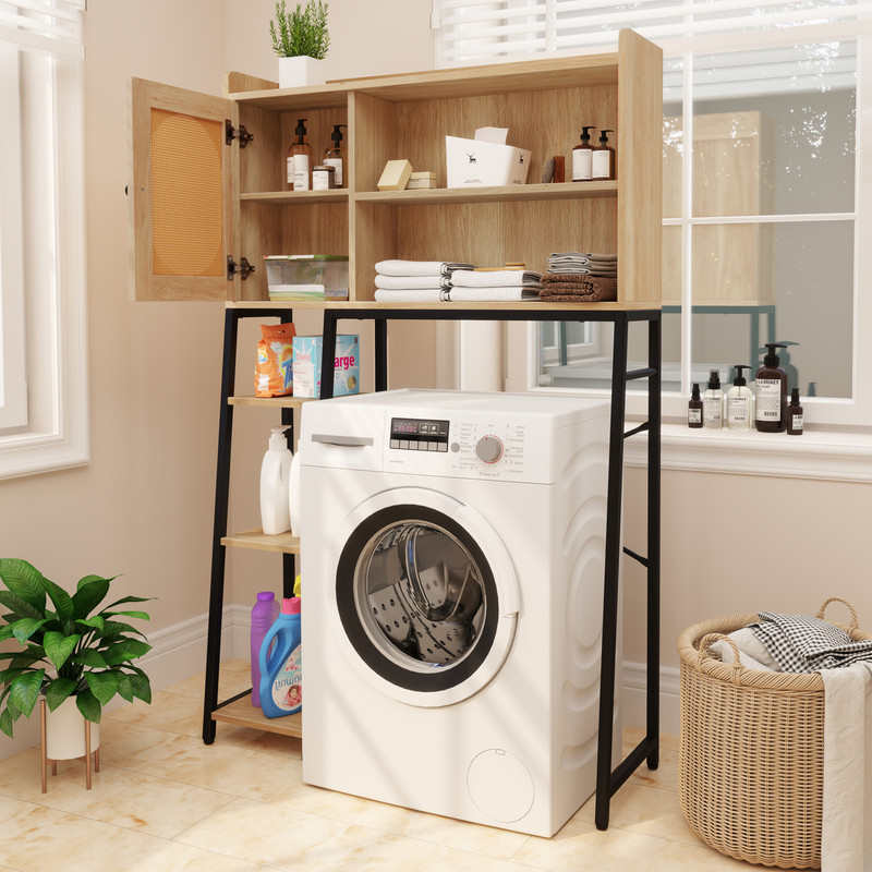 Freestanding Over The Toilet Storage Cabinet With PE Rattan Door Open Shelves  Adjustable Compartme 1