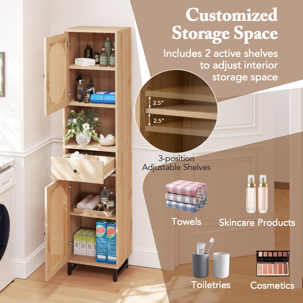 Tall Bathroom Cabinet With PE Rattan Doors Floor Standing Linen Tower With Drawer Open Storage For 5