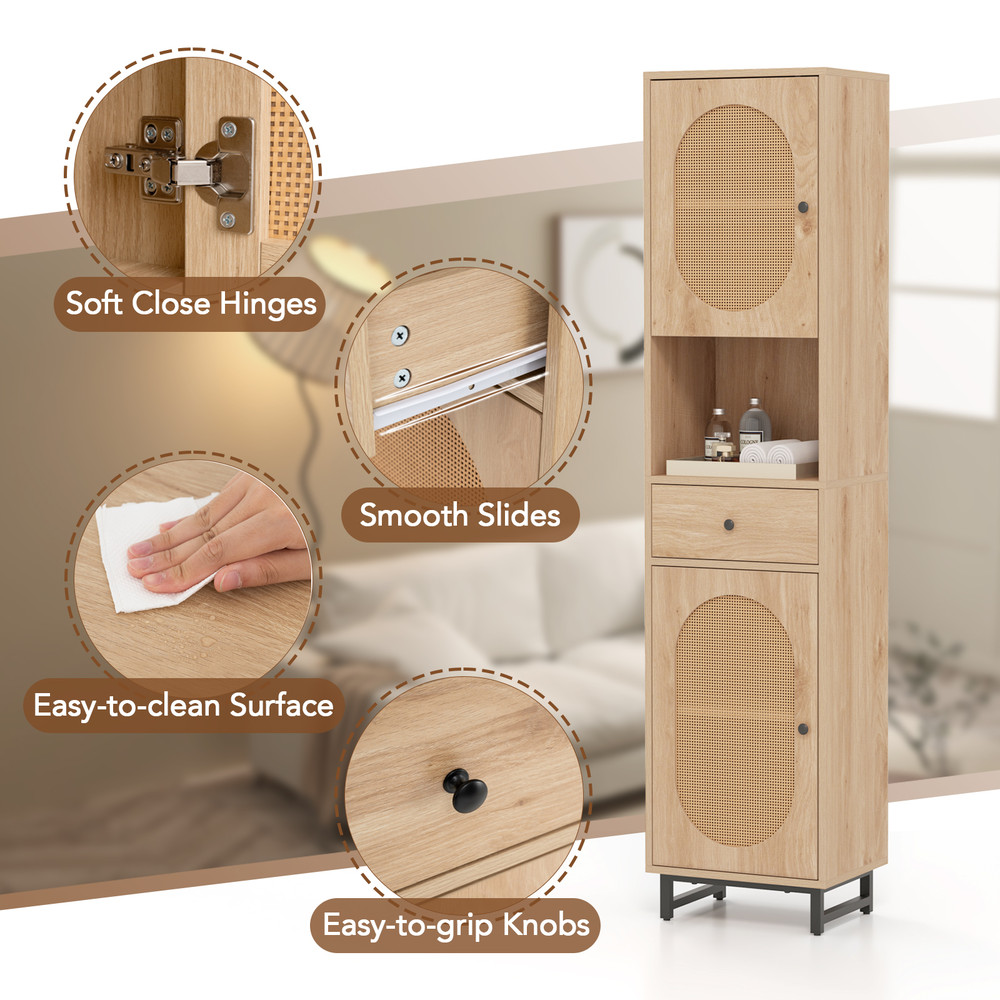 Tall Bathroom Cabinet With PE Rattan Doors Floor Standing Linen Tower With Drawer Open Storage For 6