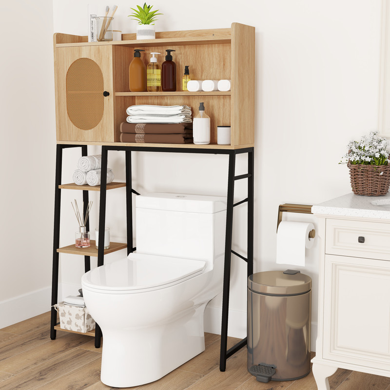Freestanding Over The Toilet Storage Cabinet With PE Rattan Door Open Shelves  Adjustable Compartme 2