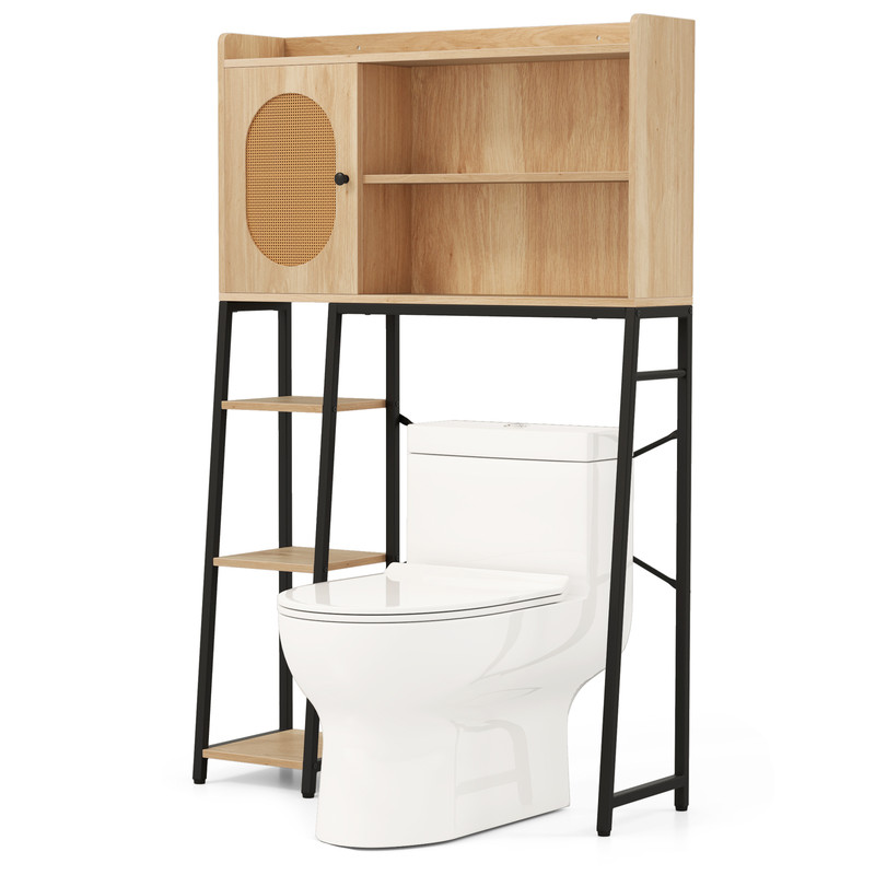 Freestanding Over The Toilet Storage Cabinet With PE Rattan Door Open Shelves  Adjustable Compartme 0