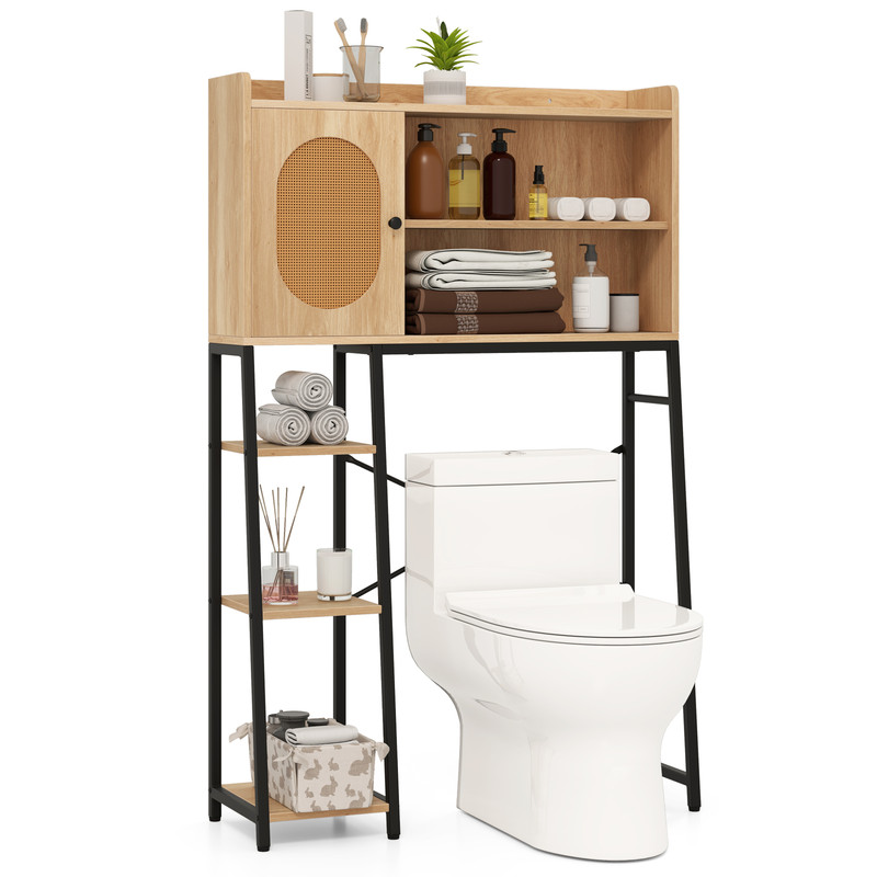 Freestanding Over The Toilet Storage Cabinet With PE Rattan Door Open Shelves  Adjustable Compartme 7